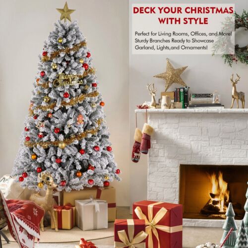 6FT Artificial Pre-lit Xmas Tree Snow Flocked Christmas Tree with Twinkle Lights