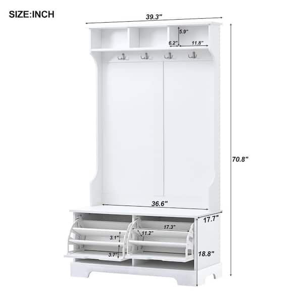White All in One 39.3 in. W Hall Tree with 3 Top Shelves, 4 Metal Hanging Hooks, and 2 Flip Shoe Storage Drawers