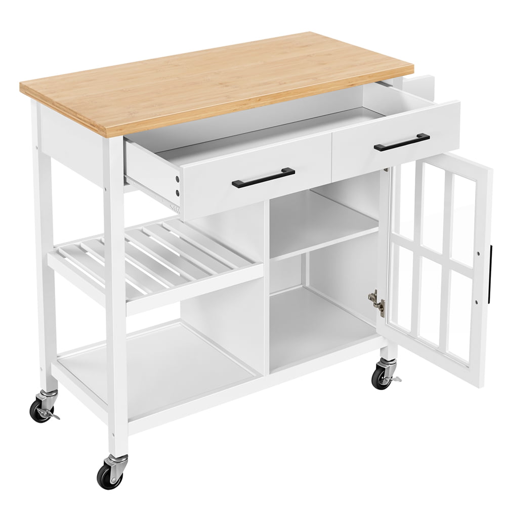 Yaheetech Mobile Kitchen Cart with Cabinet & Open Shelves, White