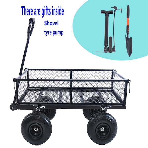 3.5 cu.ft. Mesh Steel Frame Wagon Heavy-Duty Push Garden Cart with Removable Sides for Outdoor Lawn Landscape in Black