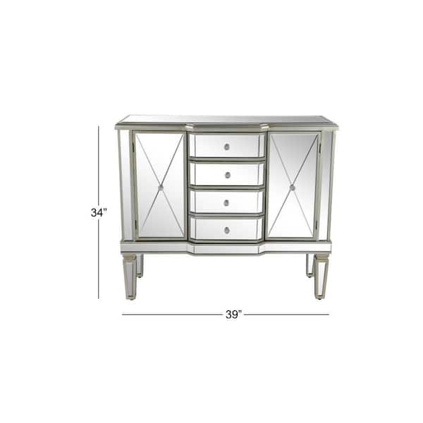 Silver Mirrored Panel 4 Drawers 2 Shelves and 2 Doors Buffet with Acrylic Knob Handles 39 in. x 34 in.