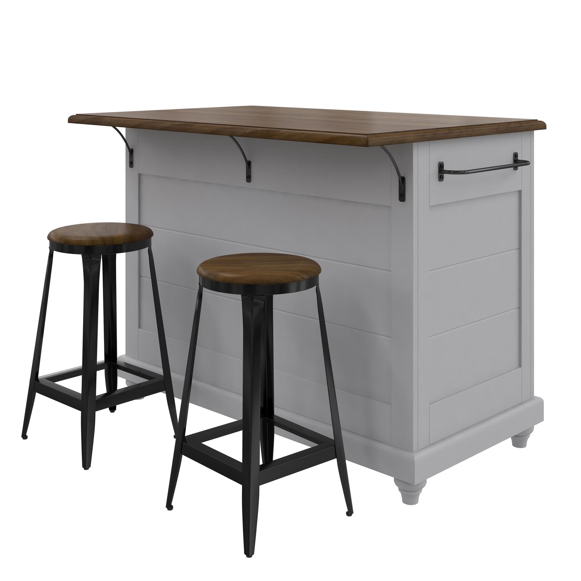 Kelsey Kitchen Island with 2 Stools and Drawers, Gray