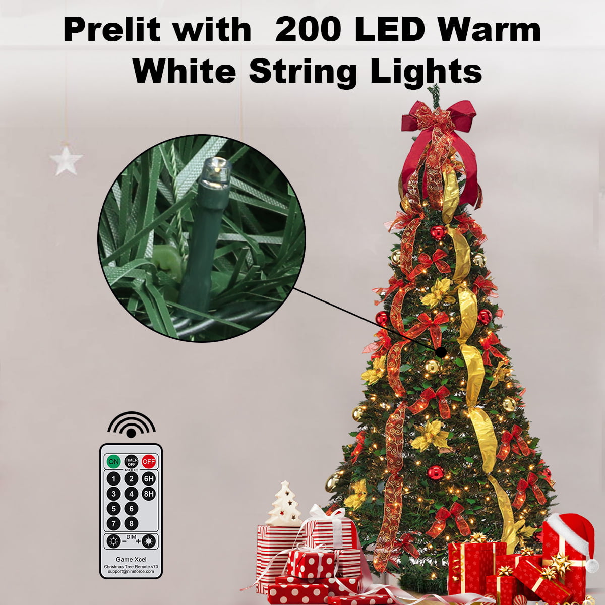 6FT Pop-Up Christmas Tree Pre-Lit 200LED Warm Lights Red Gold Pull Up Artificial Xmas Trees Holiday Party Decorations
