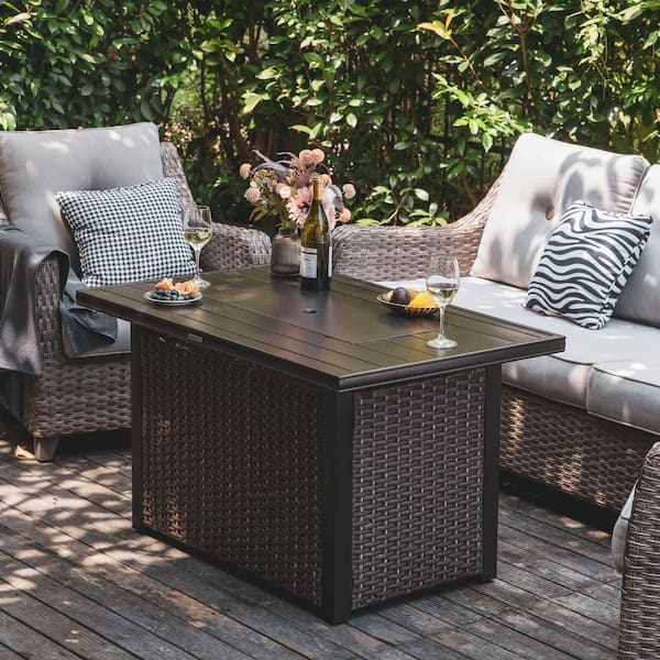 44 in. Aluminum Wicker Propane Gas Fire Pit Table, 50000 BTU, Brown