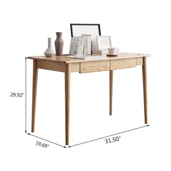 31.50 in. 100% Solid Wood Natural Wood Computer Desk Study Desk Dining Table with 2-Drawers