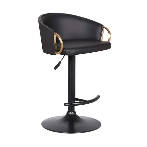 Solstice Adjustable Black Faux Leather Swivel Barrstool With Black Powder Coated Finish and Gold Accents
