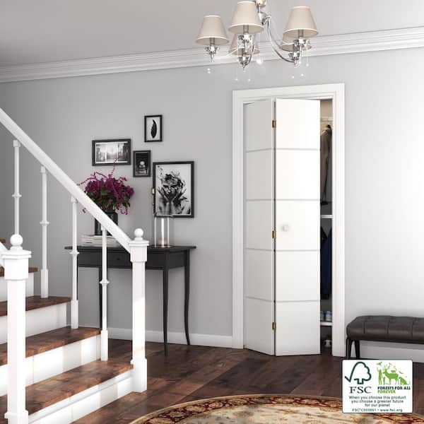 36 in. x 80 in. x 1-3/8 in. Solid Wood Composite Core Contemporary U-Grooved Design (Atlanta) White Bifold Door