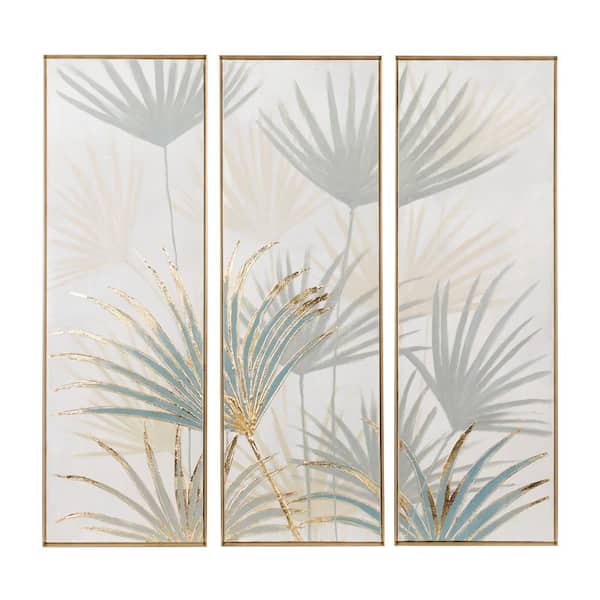 3- Panel Leaf Palm Framed Wall Art with Gold Frame 47 in. x 16 in.