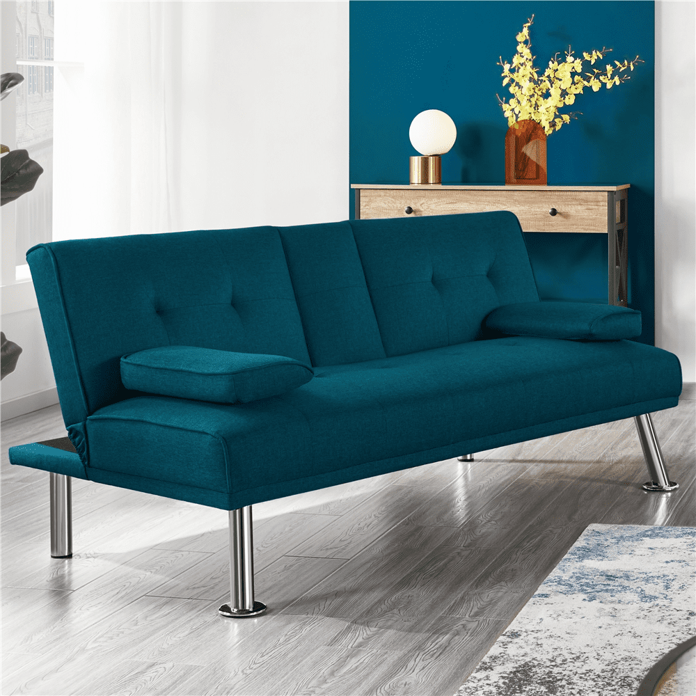 Easyfashion Convertible Futon Sofa Bed W/ Chrome Metal Legs & 2 Cup Holders, Aqua Blue
