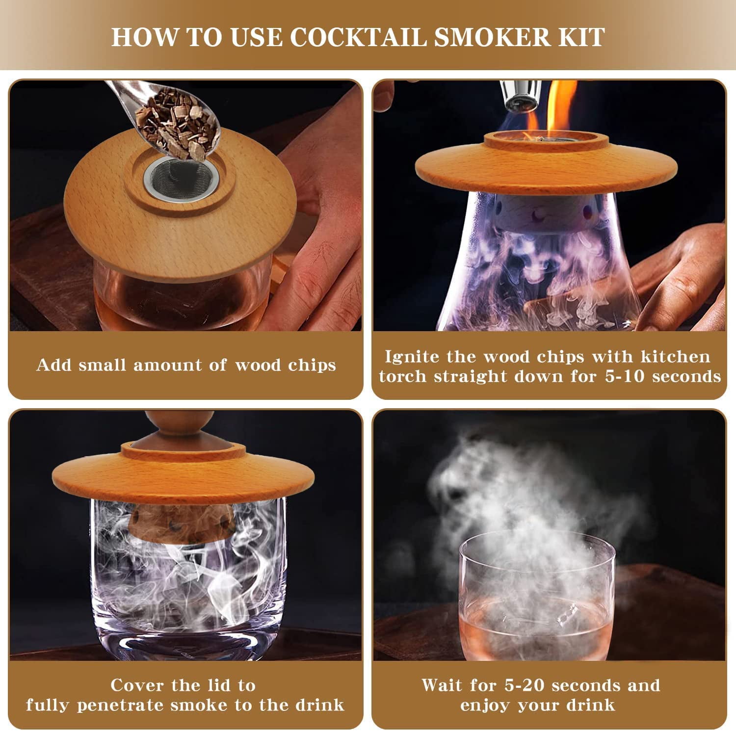 Auxbales Old Fashioned Smoker Kit with Torch, Cocktail Smoker Kit with 4 Kinds of Wood Chips for Cocktail, Whiskey, Bourbon