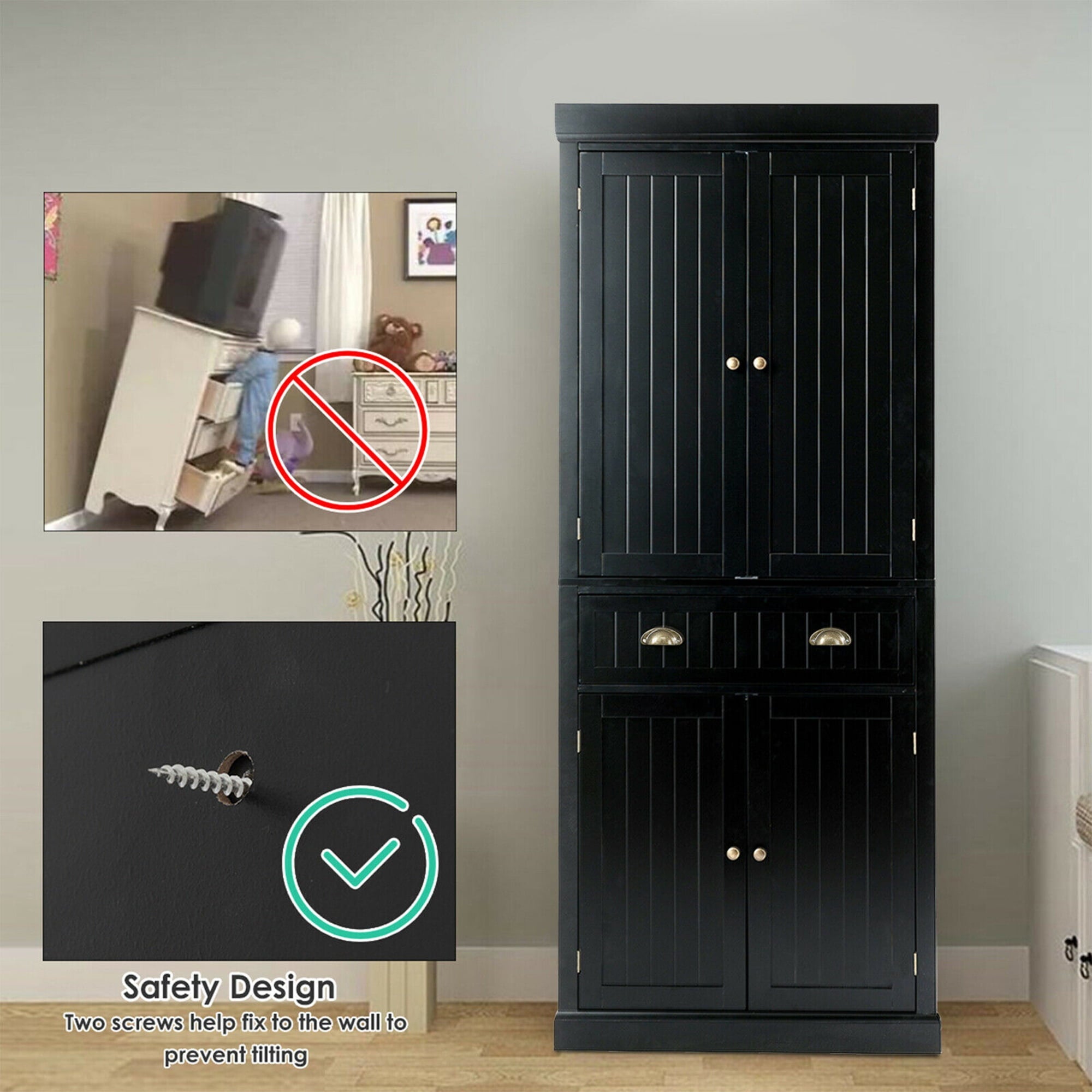 Gymax Kitchen Cabinet Pantry Cupboard Freestanding w/Adjustable Shelves Black