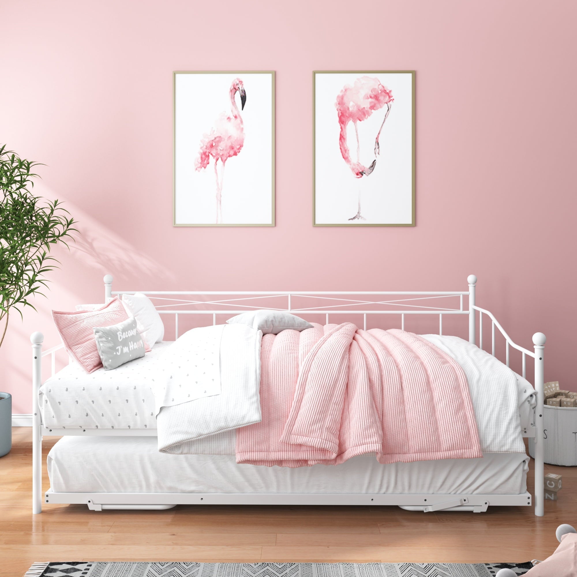 paproos Metal Daybed with Pop Up Trundle, Twin Adjustable Metal Sofa Bed with Adjustable Trundle Steel Daybed for Bedroom Guest Room, White