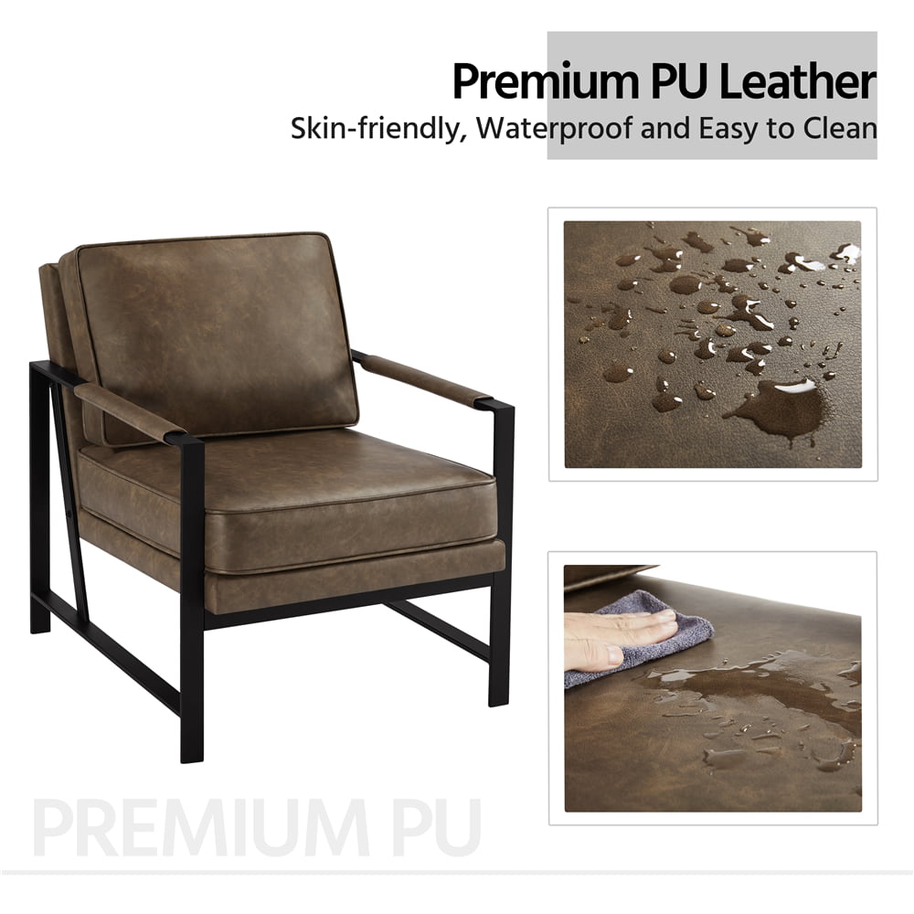 Topeakmart Upholstered Faux Leather Lounge Chair Accent Chair with Metal Arms, Brown