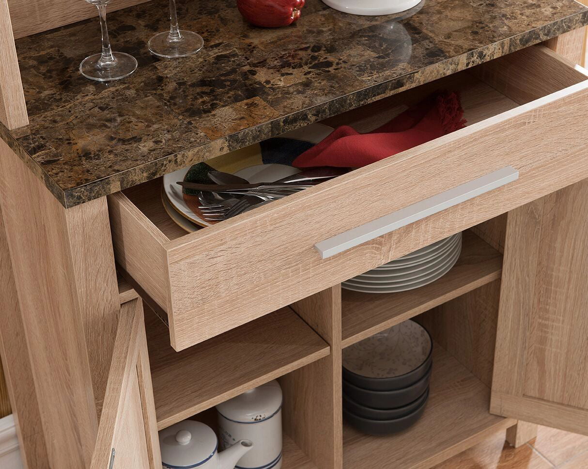 FC Design Brown Faux Marble Top Baker's Rack with Two Open Shelves, One Drawer, and One Cabinet with Two Adjustable Shelves in Weathered White Finish