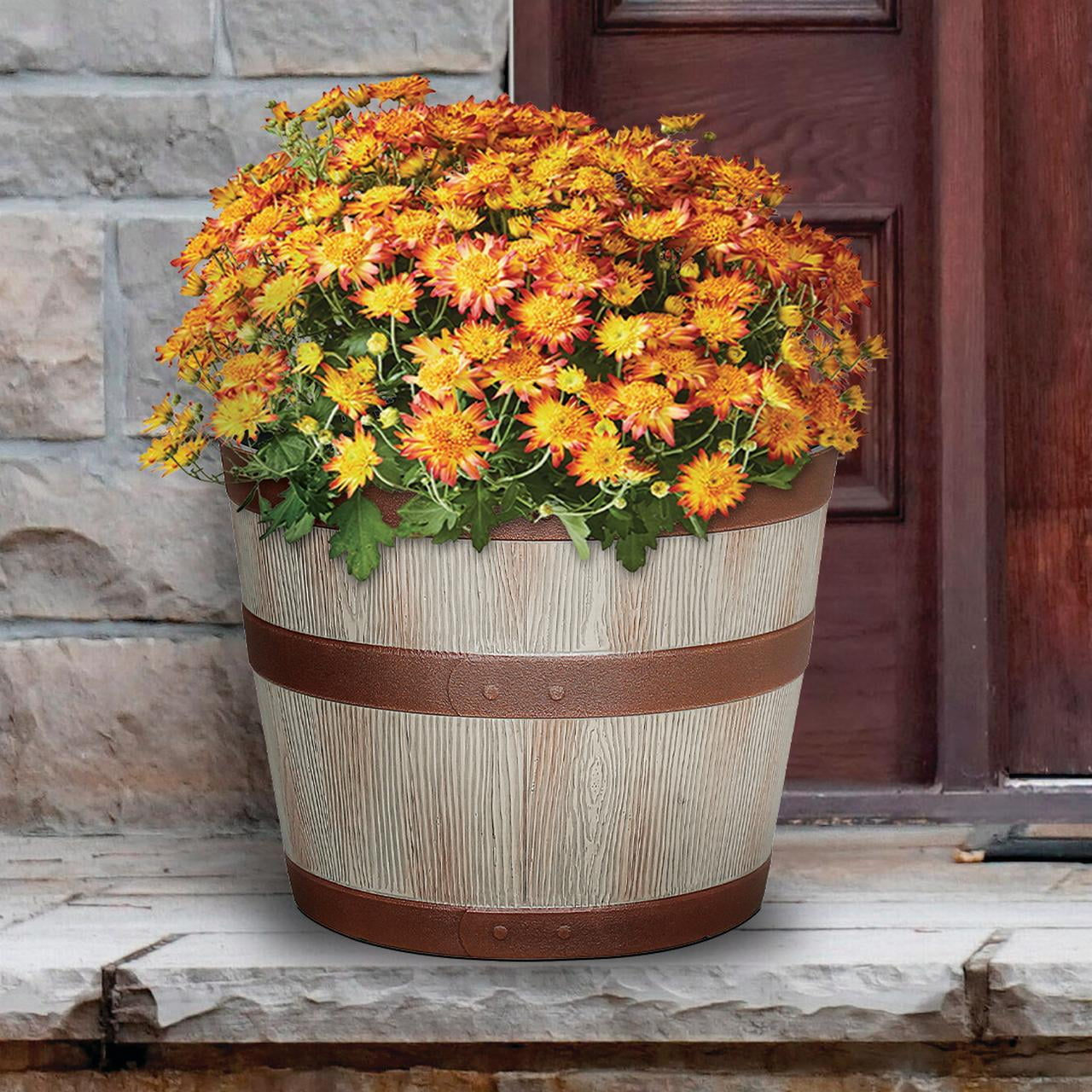 Better Homes & Gardens Whiskey Barrel Light Brown Resin Planter, 13in x 13in x 10in