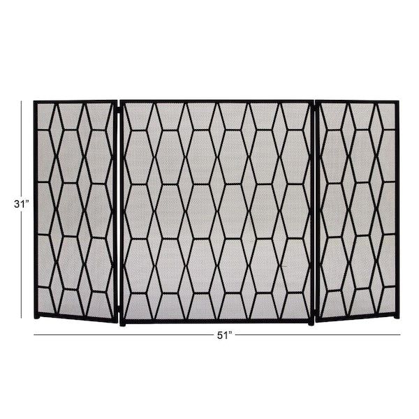 Black Metal Geometric Foldable Mesh Netting 3 Panel Fireplace Screen