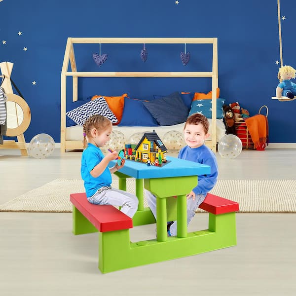 Kids Rectangualr Plastic Outdoor Picnic Table with Bench and Umbrella