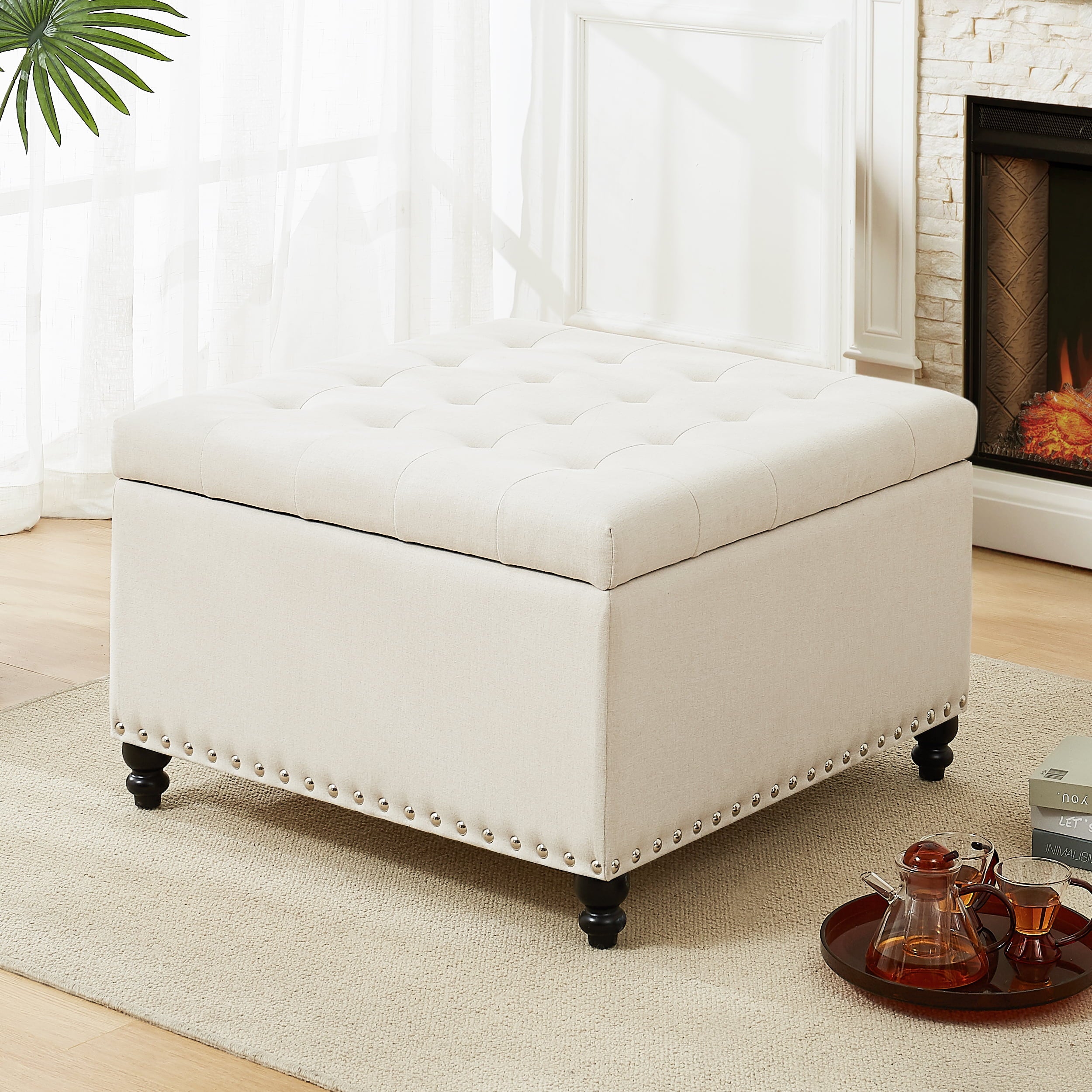 Square Storage Ottoman, 30-inch Large Ottoman Bench with Button-Tufted, Safety Hinge End Of Bed Storage Bench in Upholstered Fabrics for Bedroom, Living Room (Beige)