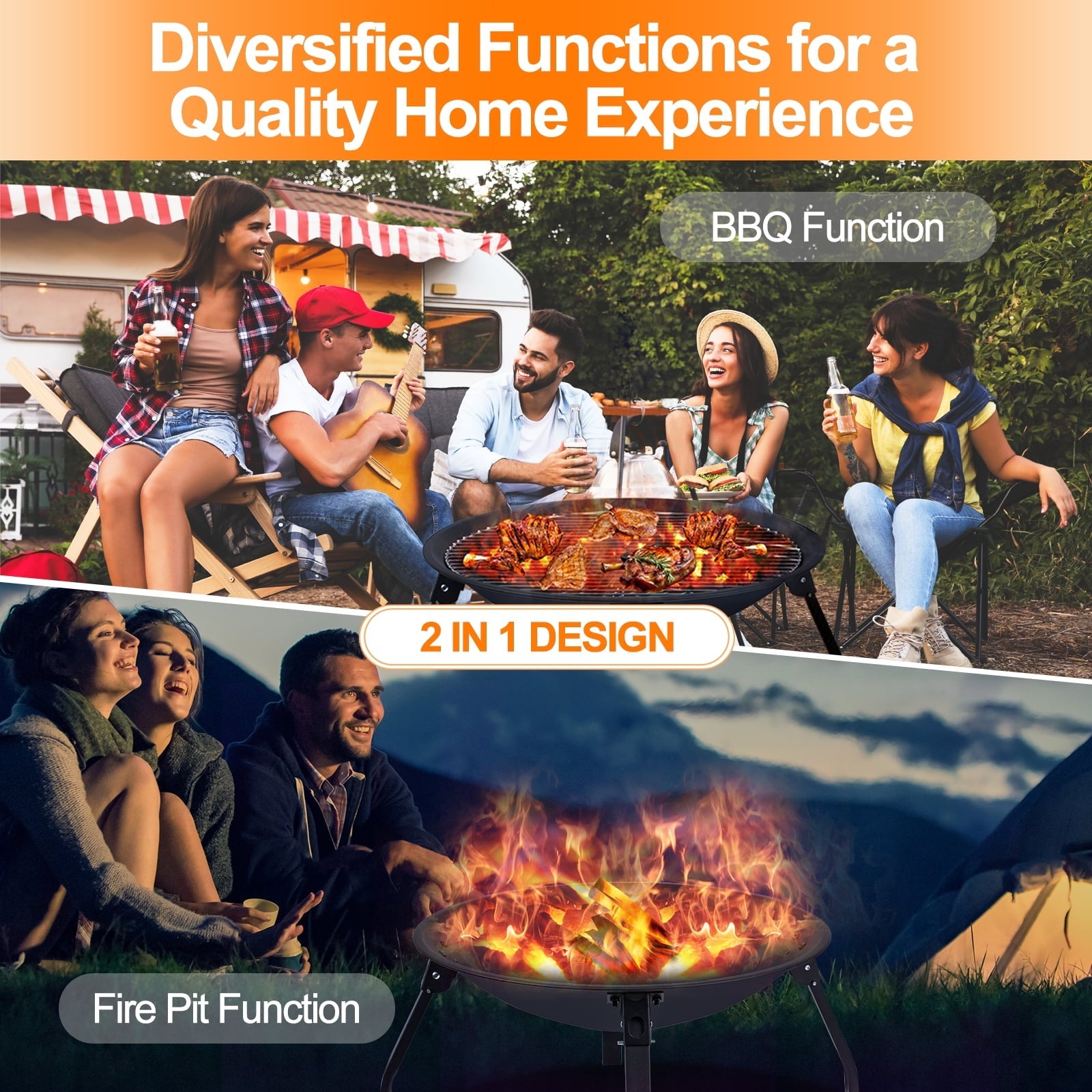 SUNOYAR Fire Pit, 22in Foldable Fire Pits Wood Burning Outdoor Firepit with Spark Screen, Poker for Bonfire Patio Backyard Garden Picnic, Black