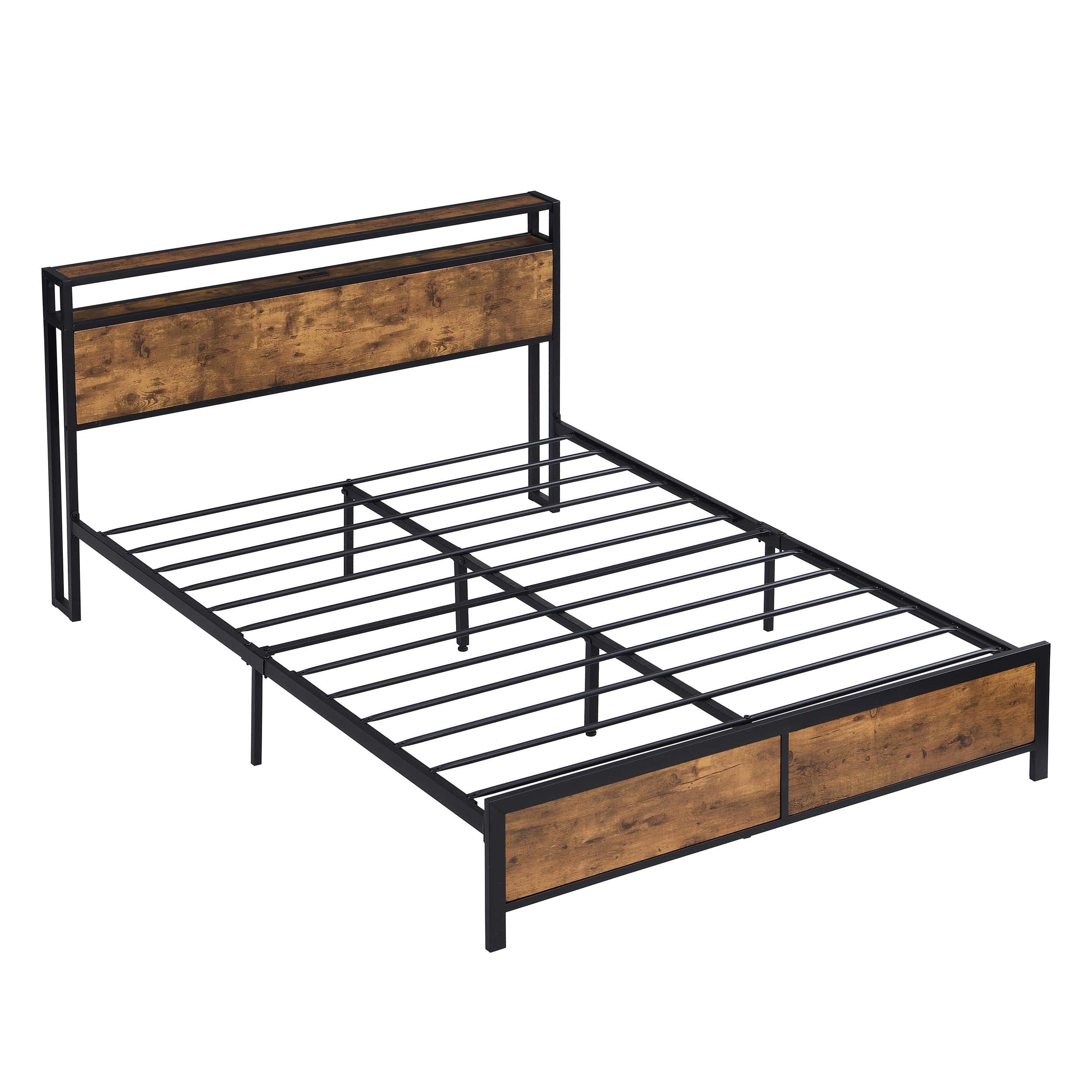 Miniyam Full Size Platform Bed Frame with 2 USB Ports & LED Lights, Vintage Brown