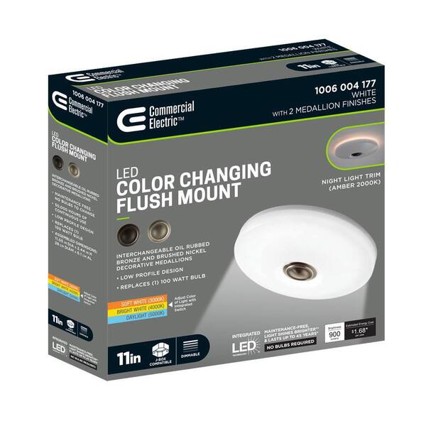 Low Profile 11 in. LED Flush Mount w/ Night Light Feature 2 Medallion Inserts Brushed Nickel, Oil Rubbed Bronze (4-Pack)