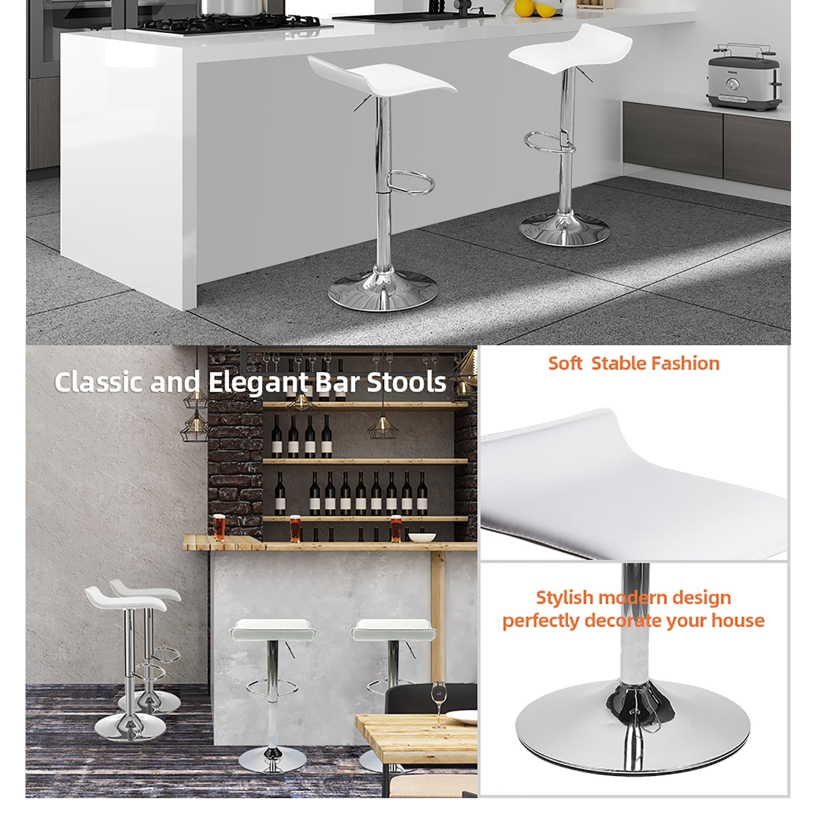 ELECWISH Set of 2 Adjustable Swivel Barstools PU Leather with Chrome Base, Counter Height Hydraulic Pub Kitchen Counter Chairs, White