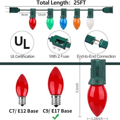C9 Vintage Christmas Lights 25 FT Multicolor Christmas Tree Lights for Outdoor
