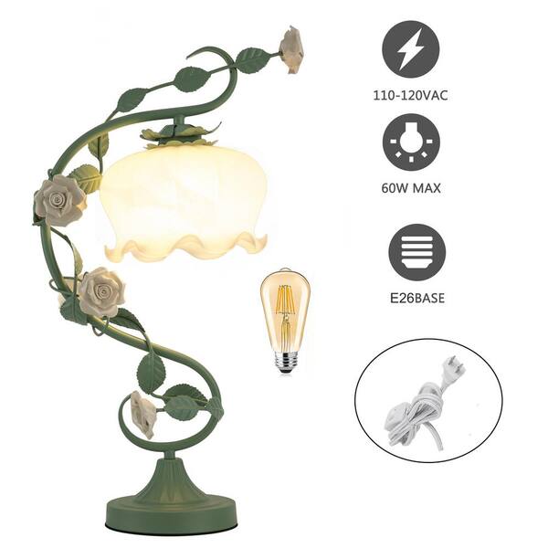 20.5 in. Green Retro Rose Glass Gooseneck Desk Lamp with White Bent Glass Shade