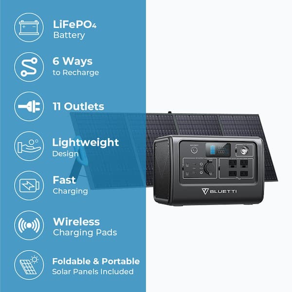 800W Continuous/1400W Peak Output Power Station Gray Push Button Start LiFePO4 Battery Generator + 220-Watt Solar Panel