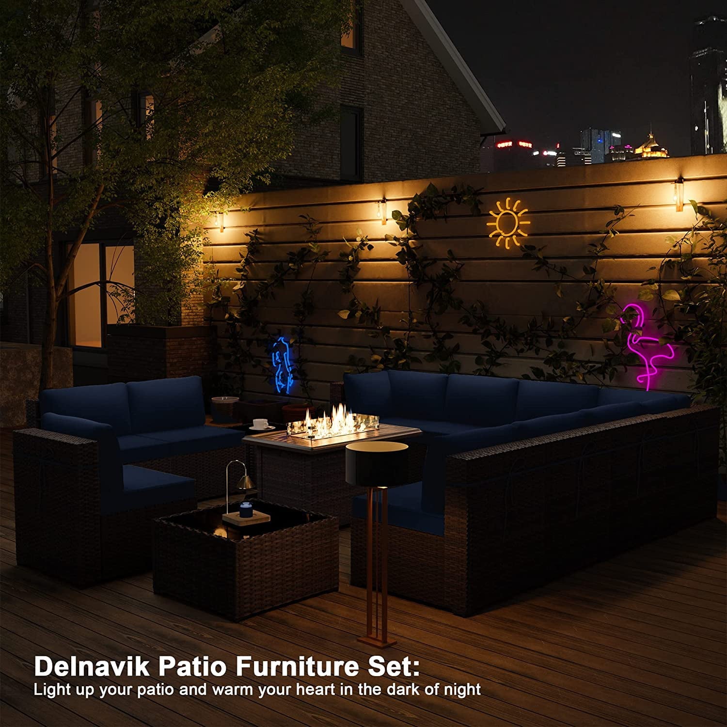 Kullavik 13 Pieces Outdoor Patio Furniture Set with Fire Pit Table Outdoor PE Rattan Wicker sectional Sofa Set,Patio Conversation Set with Coffee Table,Navy Blue