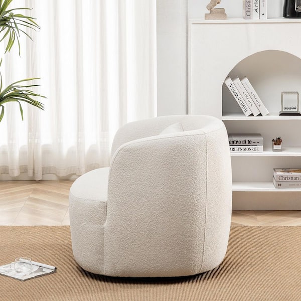 Beige Poly Blend Boucle Fabric Upholstered Swivel Armchair