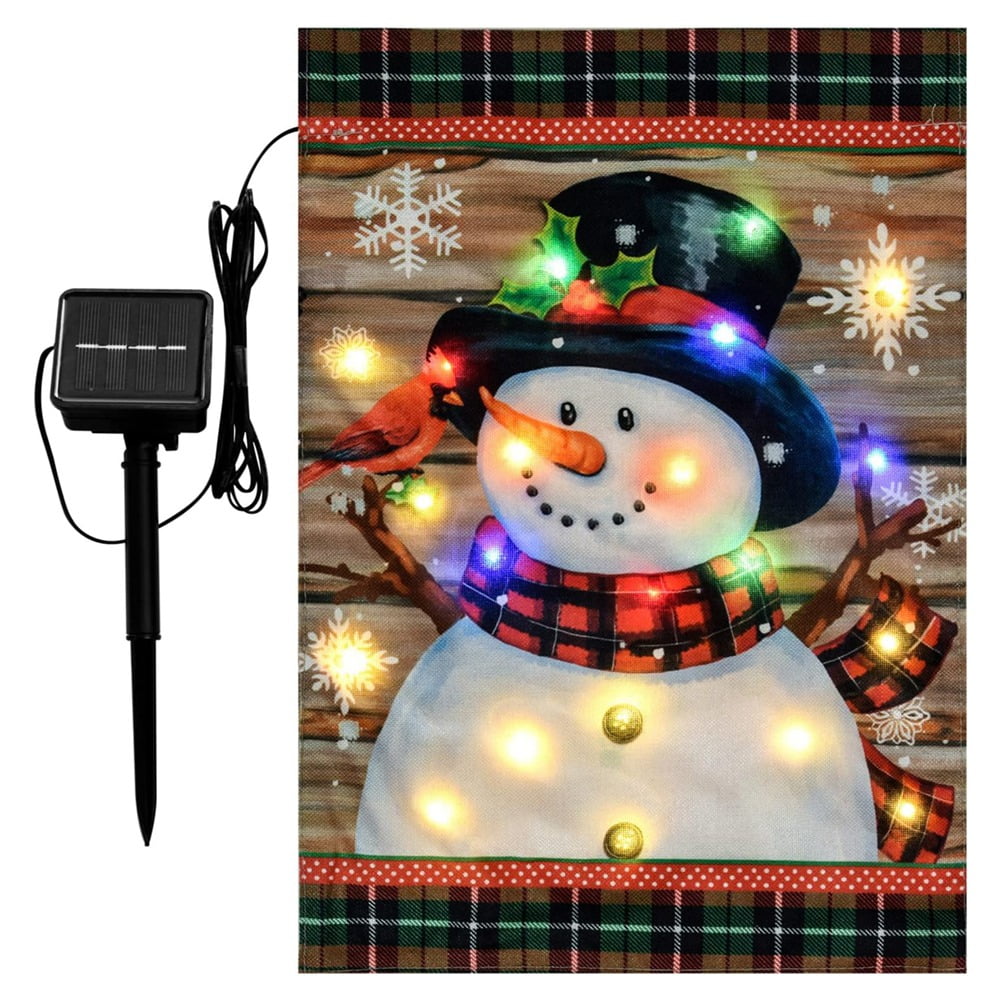 Hotiary Lighted Winter Garden Flag for Outside, Solar Led Snowman Garden Yard Flag, Christmas Garden Flag 12x18 double sided for Outdoor Yard Garden Lawn Decoration