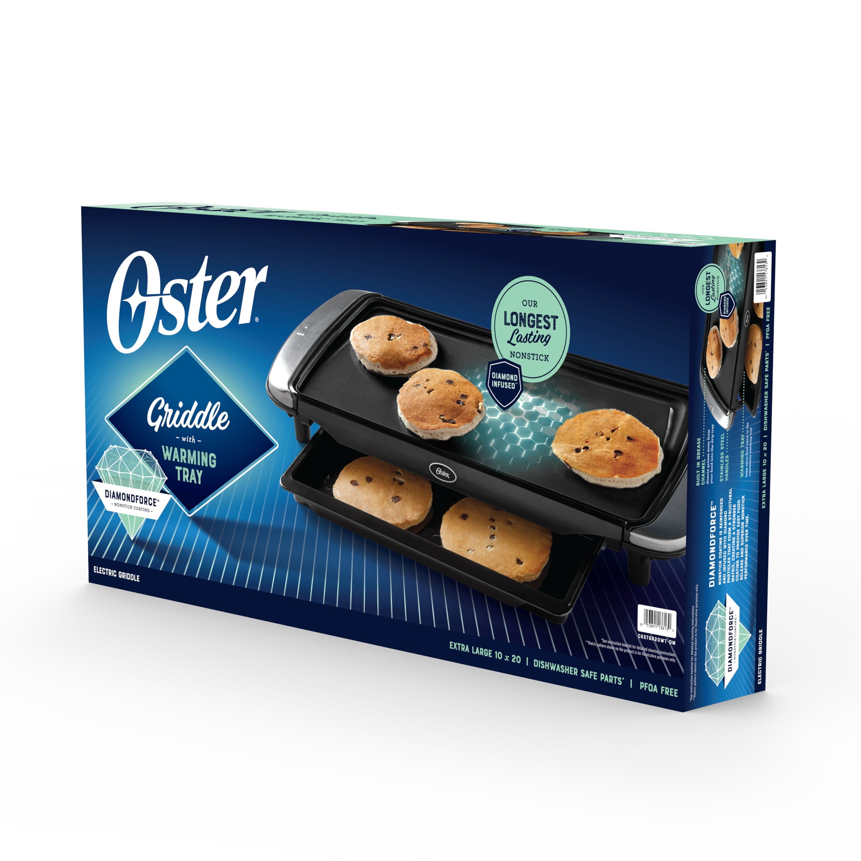 Oster DiamondForce 10-inch x 20-inch Nonstick Electric Griddle with Warming Tray, Black