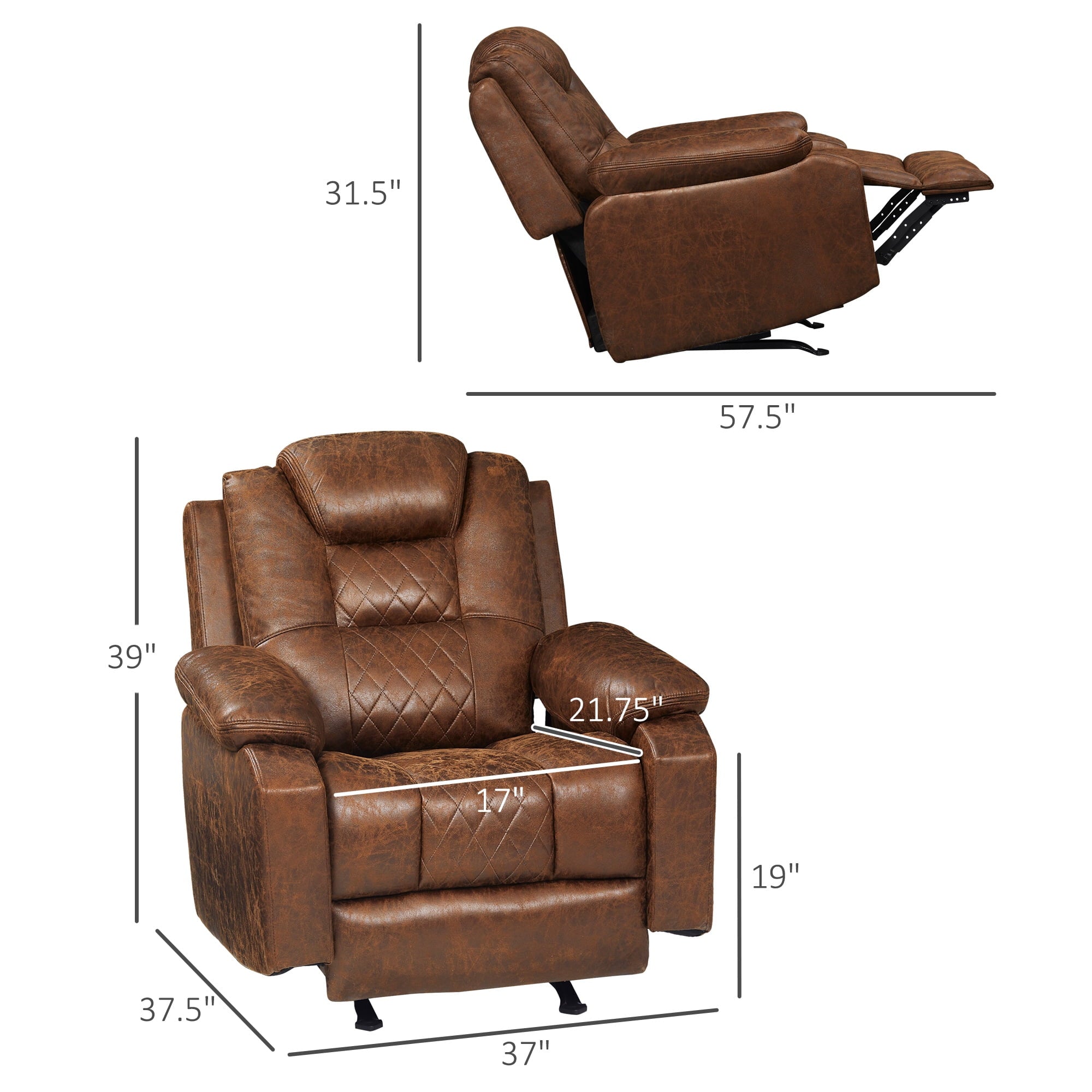 HOMCOM Overstuffed Manual Recliner Chair with Thick Sponge Padded Headrest and Armrest, and Rocking Function, Brown