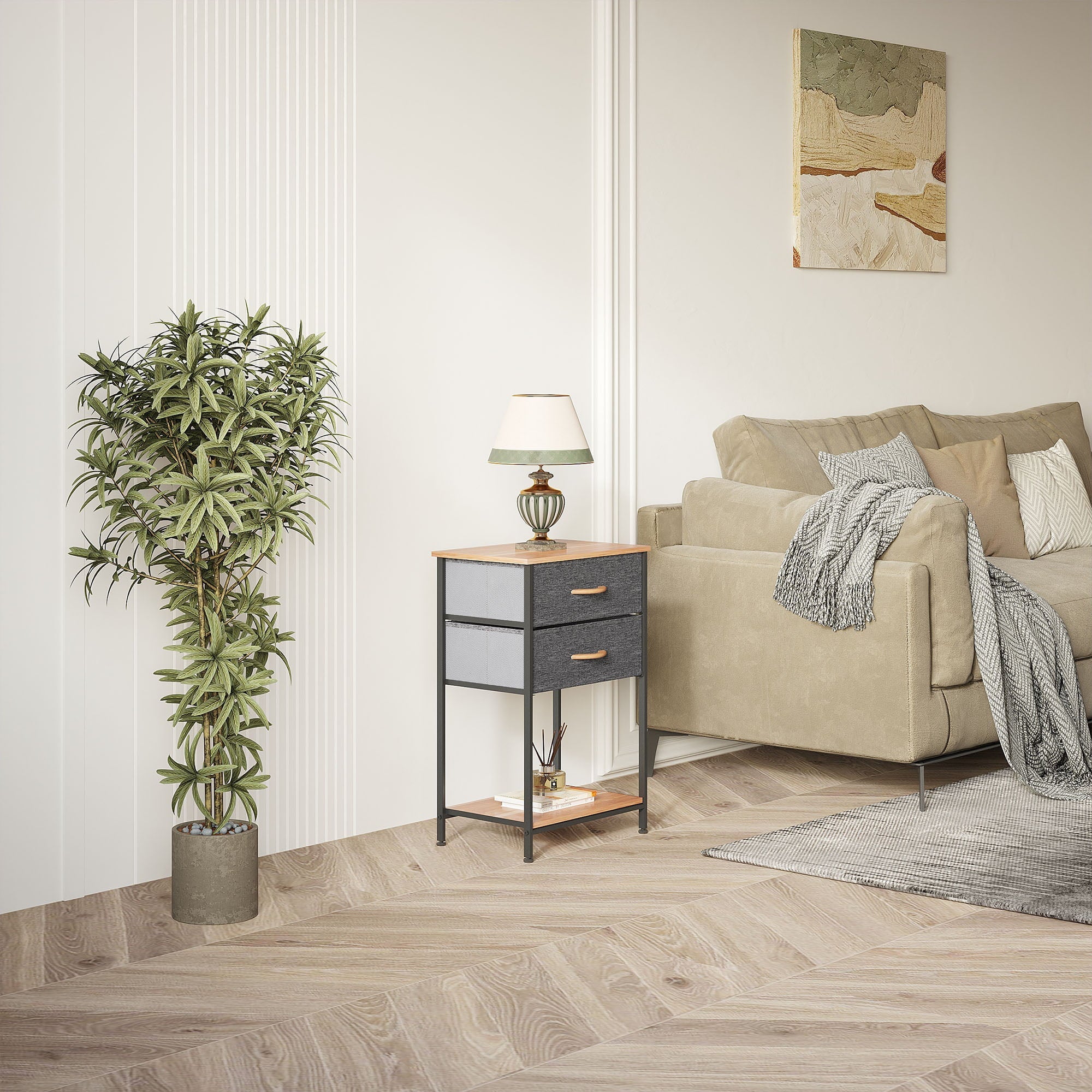 DWVO 2 Drawers Table Dresser for Bedroom Fabric Storage Organizer Wooden Top