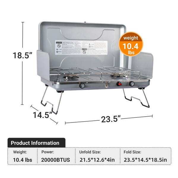 20,000 BTUs Portable Propane Camp Stove with 2 Burners for Car Camping, Tailgating, BBQ & Picnics