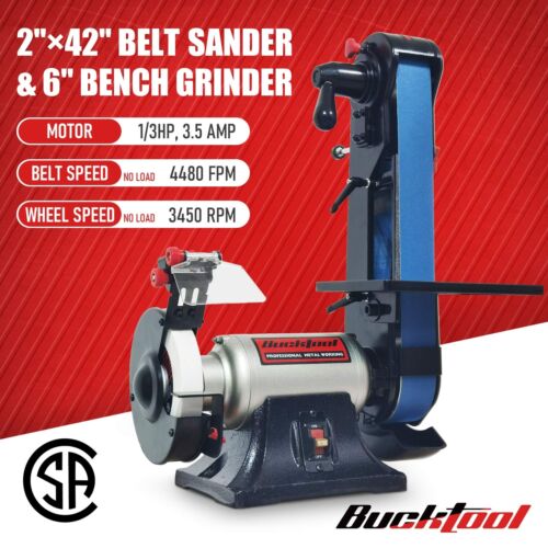 Bucktool Combo 2" x 42" Belt Sander 6" Bench Grinder, Knife Sharpener with La...