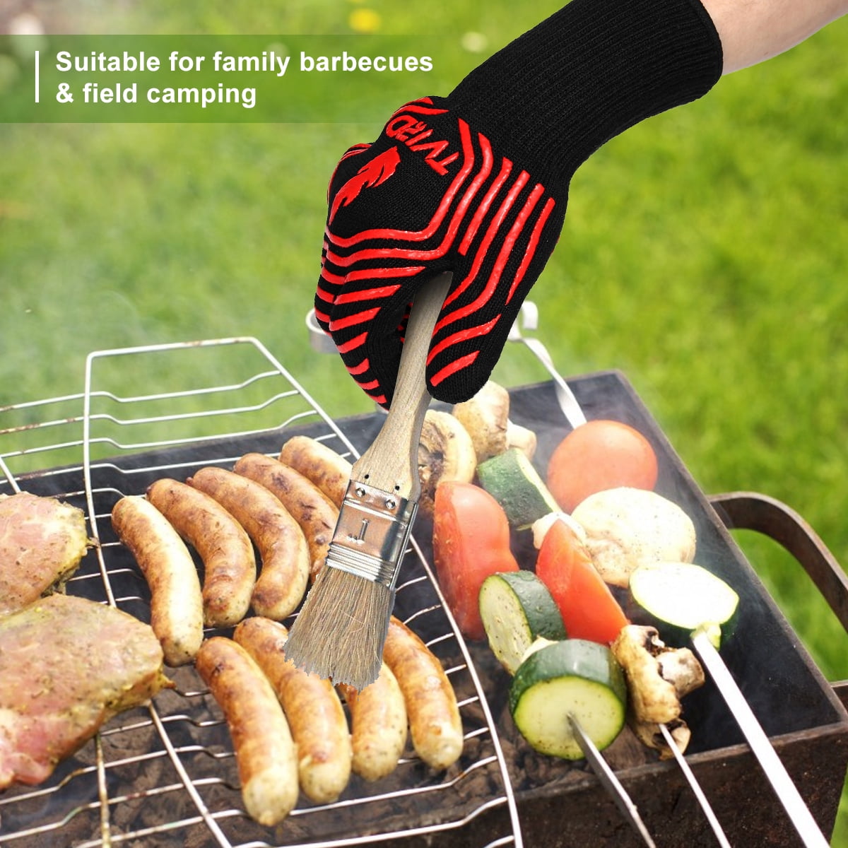 BBQ Gloves, Oven Gloves 1472°F/ 800 °C Extreme Heat Resistant Grill Gloves, Oven Mitts Heat Resistant Gloves, Silicone Non-Slip BBQ Grilling Gloves, Forearm Protector for Cooking, Grilling, Baking