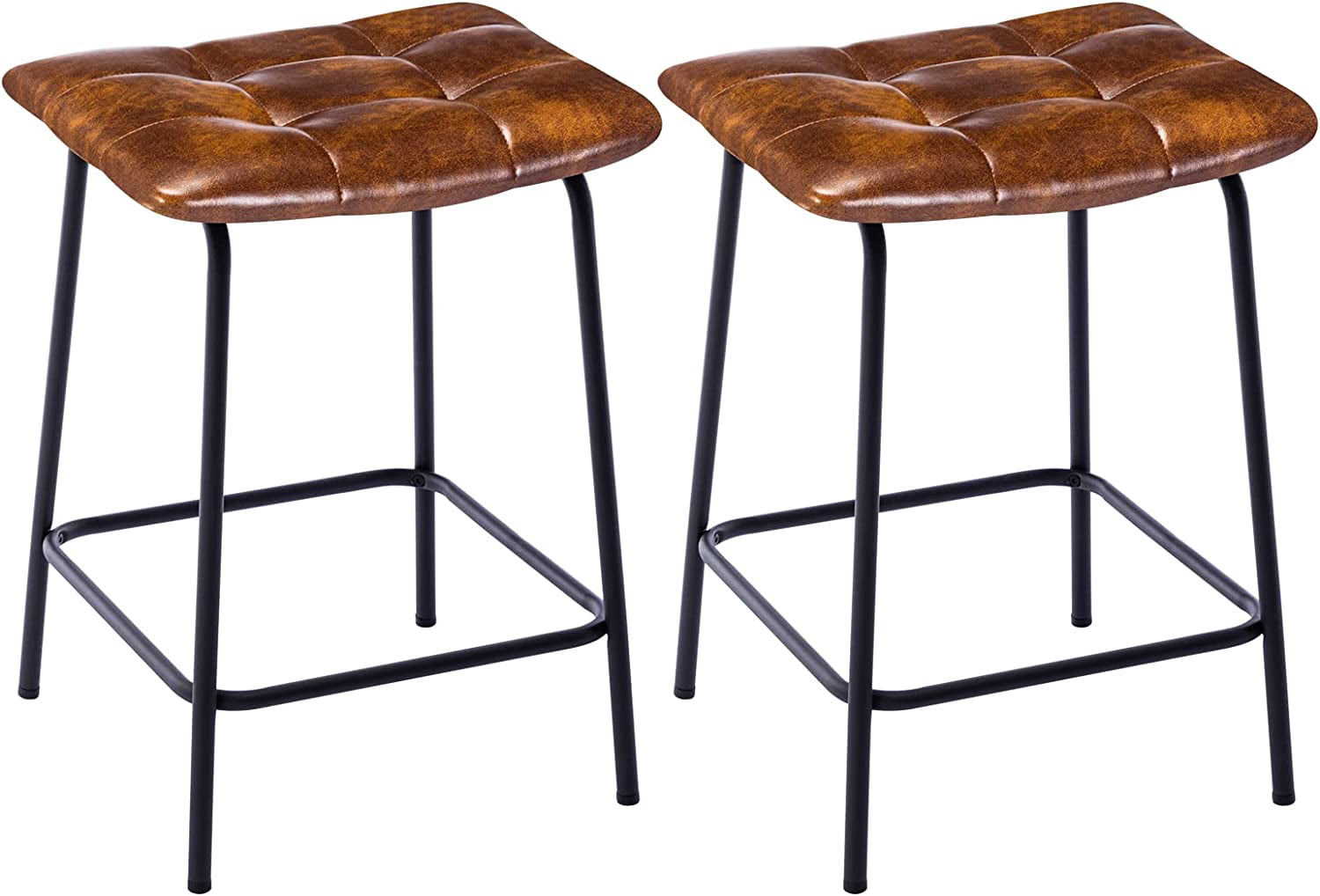Duhome Counter Height Bar Stools Set of 2, Faux Leather Kitchen Counter Stools with Metal Legs Backless Upholstered, Yellowish Brown