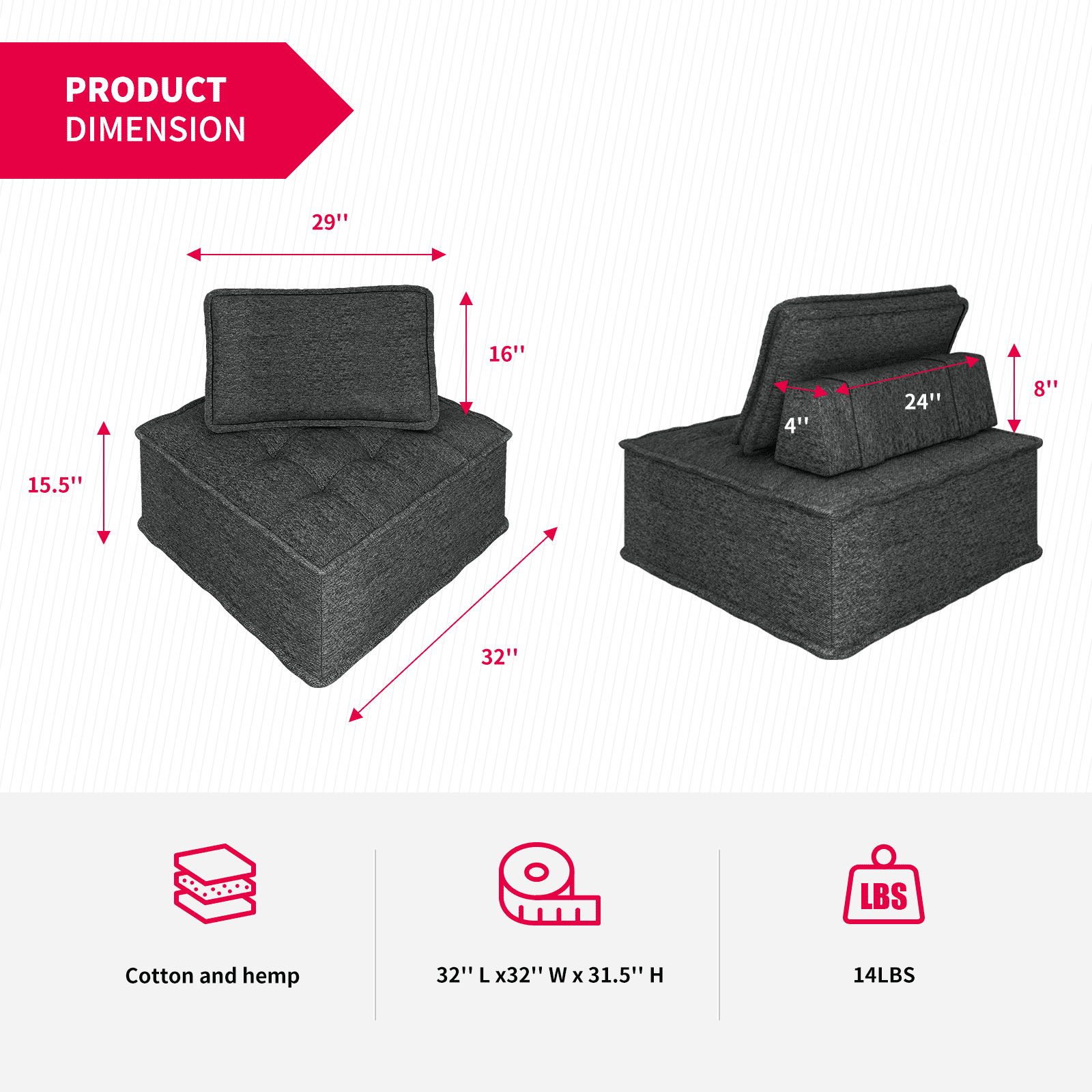 MUZZ Free Combination Sectional Sofa, Sofa Couch with Modern Fabric and Soft Cotton, Modular Armless Sectional Sofa Couch for Living Room, Bedroom (Dark Grey, 1PC)