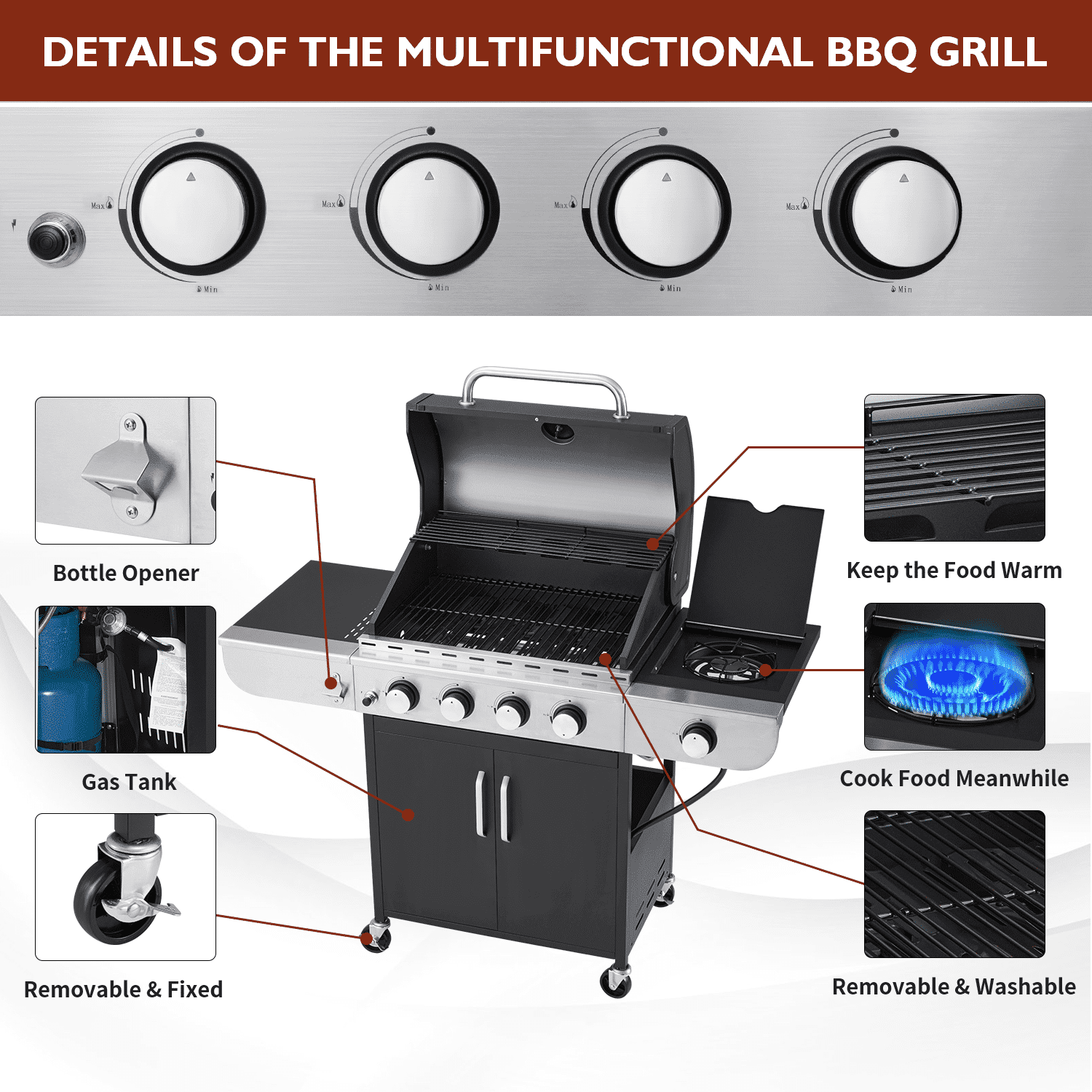 4 Burner Gas Grill,36000 BTU BBQ Propane Stainless Steel with Side Table for Patio Garden