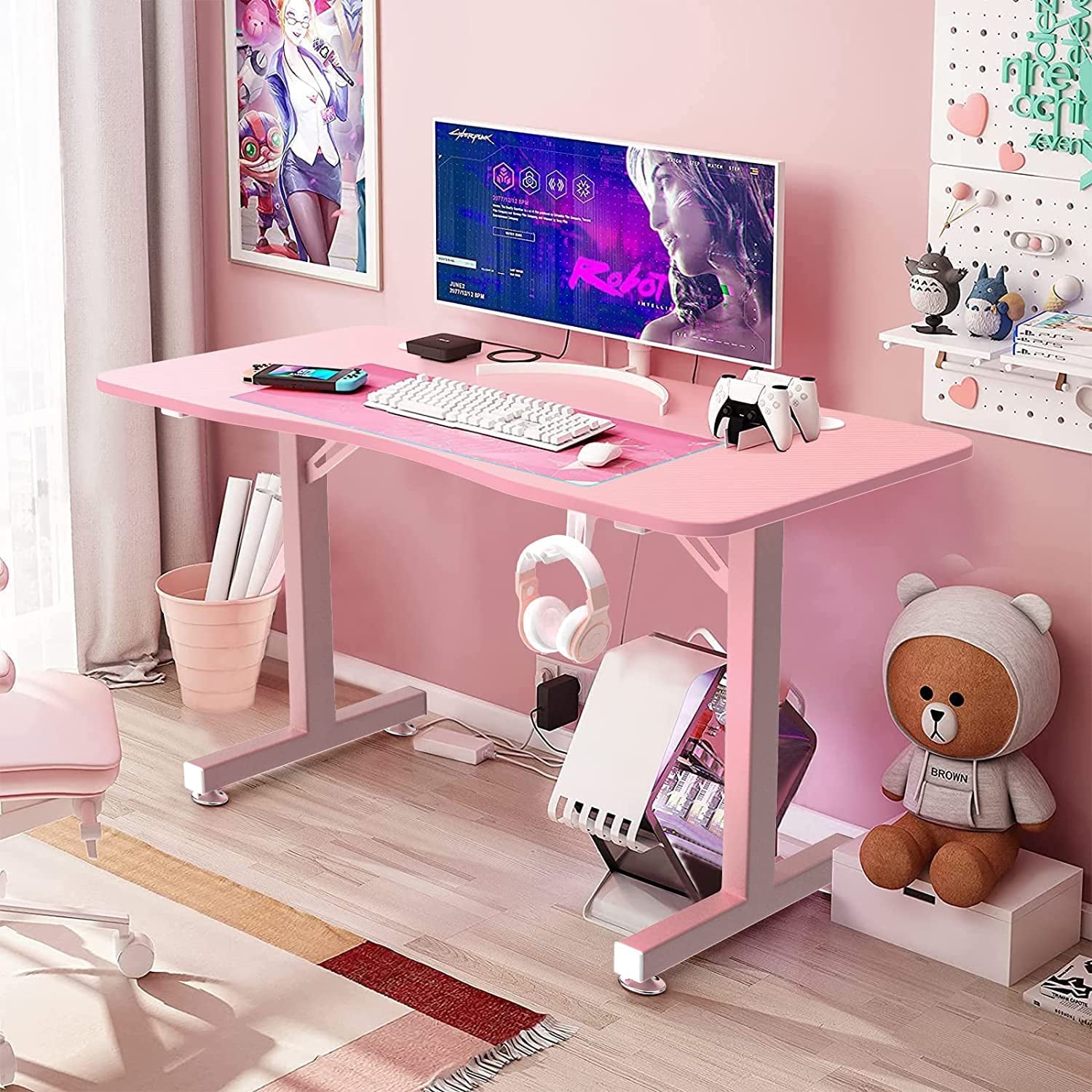 Vitesse Pink Gaming Desk 40 Inch Computer Desk Cute Gaming Table T-Shaped Girl Gamer Desk Gaming Workstation Home Office Desk with Carbon Fiber Surface and Headphone Hook (Pink)