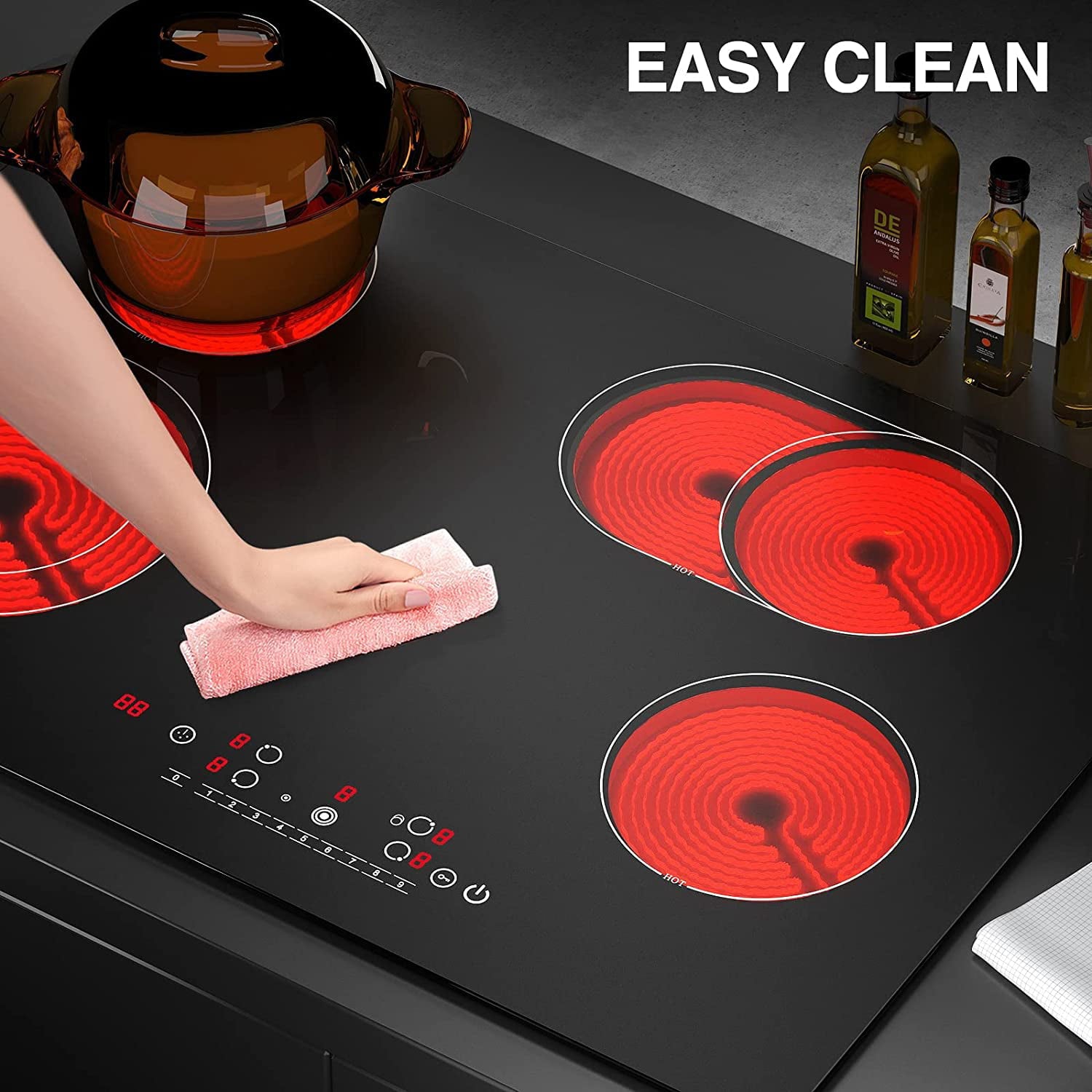 Electric Cooktop, 30 Inch Built-in Electric Stove, 6800W Ceramic Cooktop, 9 Heating Level Overheat Protection with Touch Screen, Timer & Safety Lock