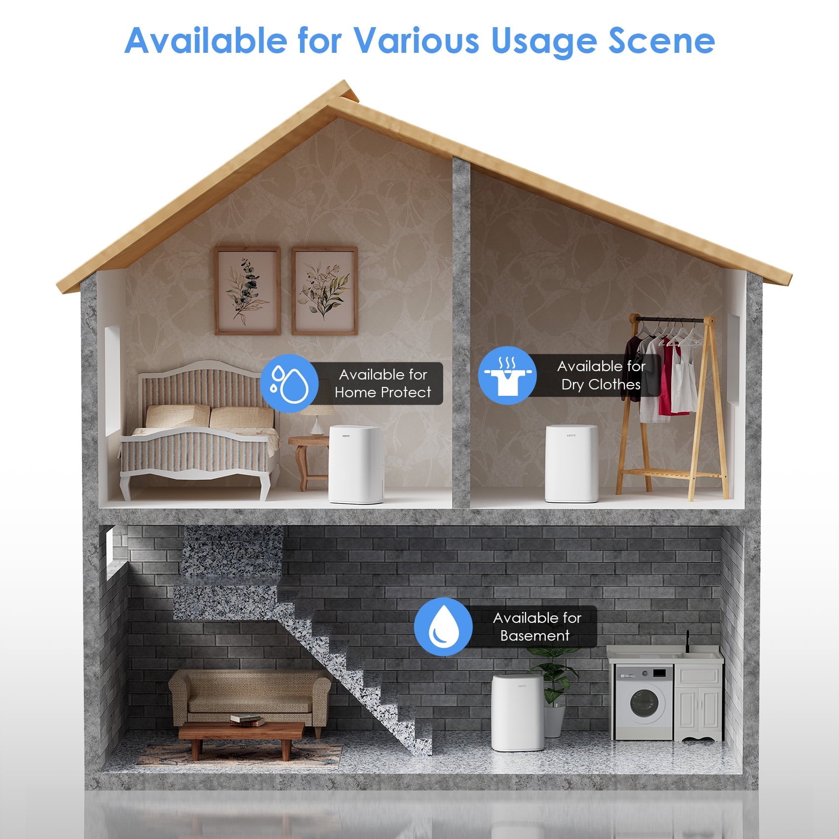 ANDTE 31 Pints Dehumidifiers, Spaces up to 2500 Sq.ft, Auto/Manual Drainage, 0.53 Gallon Water Tank, Auto Defrost, Dry Clothes Function, 24H Timer