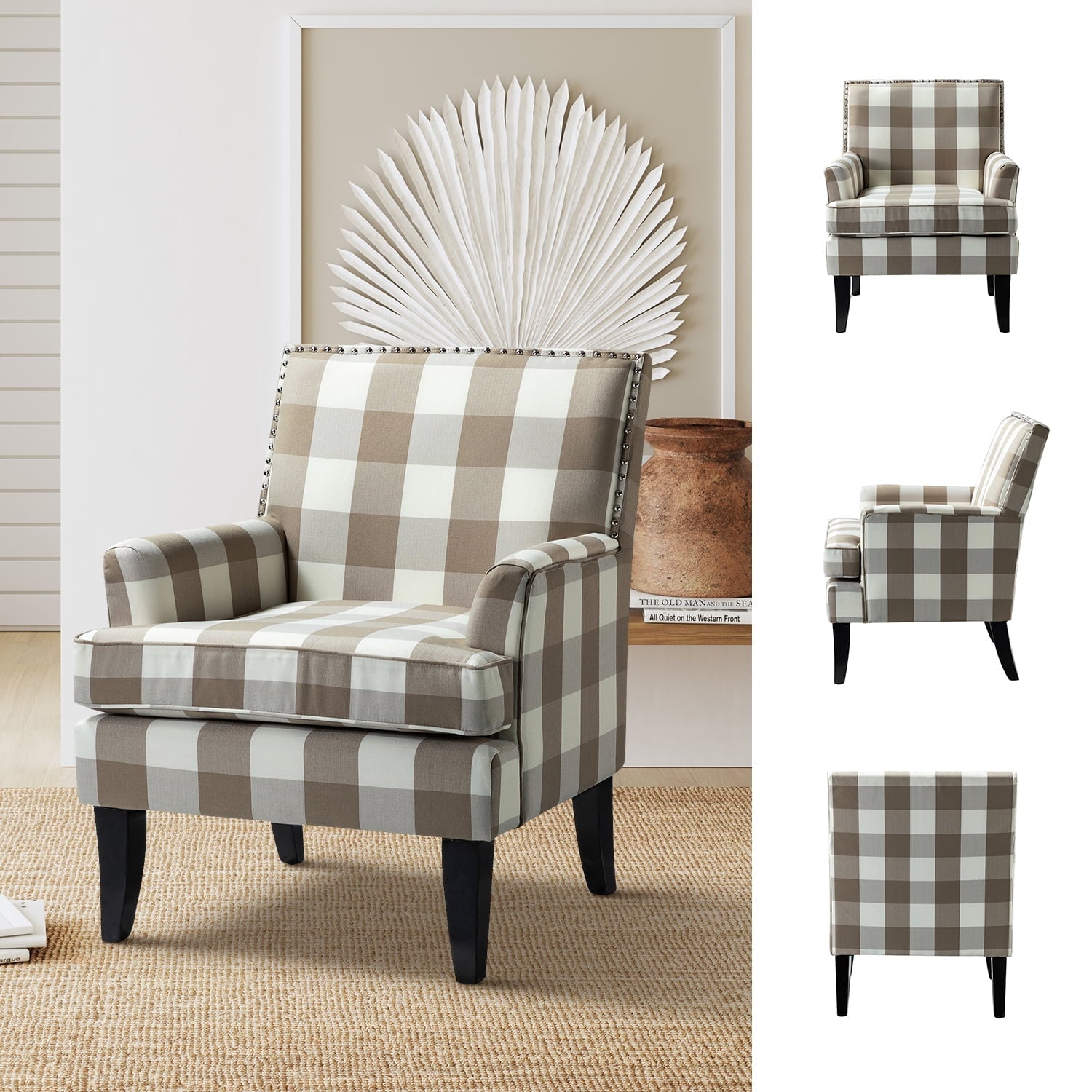14 Karat Home Upholstery Armchair Accent Chair Sofa Couch Wood Legs Nailhead Trim Living Room Bedroom Plaid Grey White
