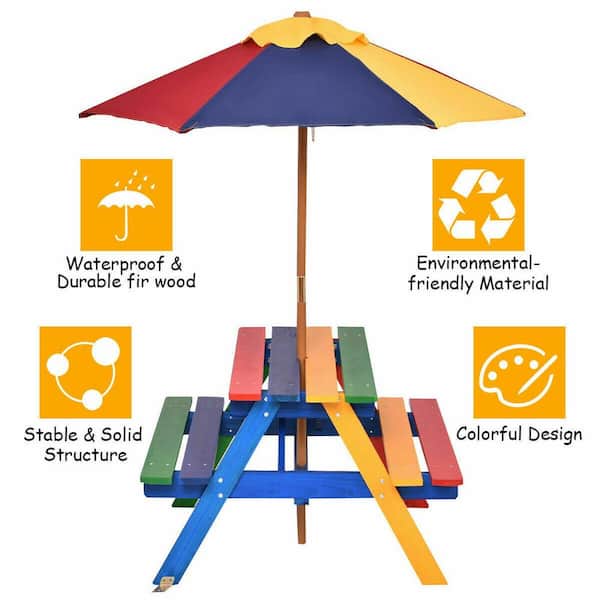 Rectangular Wood Kids Picnic Table with Bench and Umbrella (4-Seat)