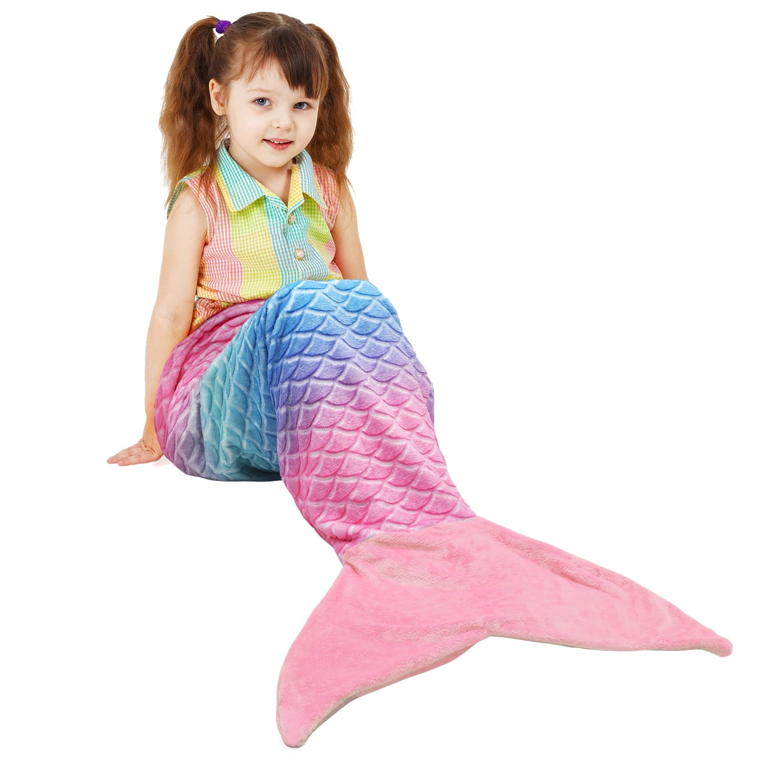 Flyingstar Mermaid Tail Blanket, Soft Flannel Fleece All Seasons Sleeping Blanket for Kids Adults, Rainbow Ombre Fish Scale Design Snuggle Blanket, Best Gifts