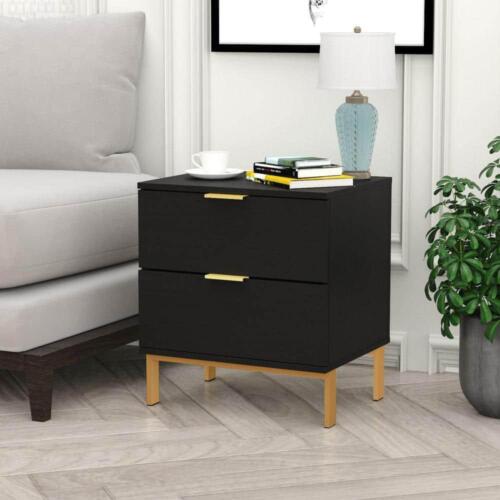 Wooden Nightstand Bedside Table With 4 Metal Legs 2-Drawer Black