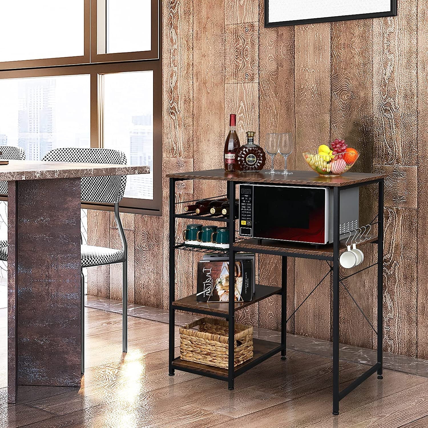 Microwave Stand 4-Tiers Kitchen Storage Fit Mini Fridge Baker¡¯s Rack Shelving Utility Coffee Bar with Big Drawer Wine Rack Metal Frame Industrial Workstation Organizer Kitchen Decor