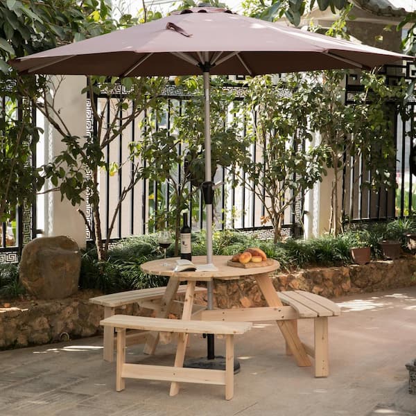 Natural 6-Person Round Wooden Outdoor Picnic Table with Bench for Patio with Umbrella Hole